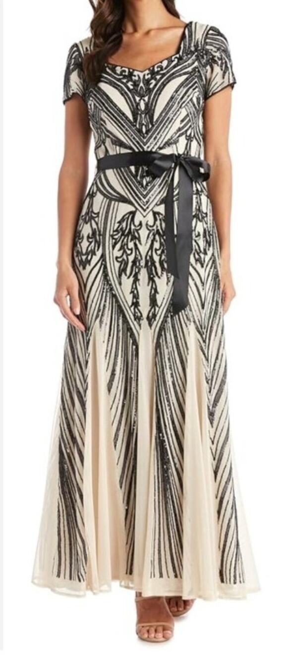 R & M Richards Sequined Belted Dress Champagne & Black Size 8 NWT Satin Belt